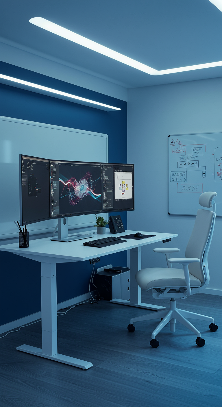 Modernes, ergonomisches Home-Office mit mehreren Monitoren und blauer Akzentbeleuchtung.