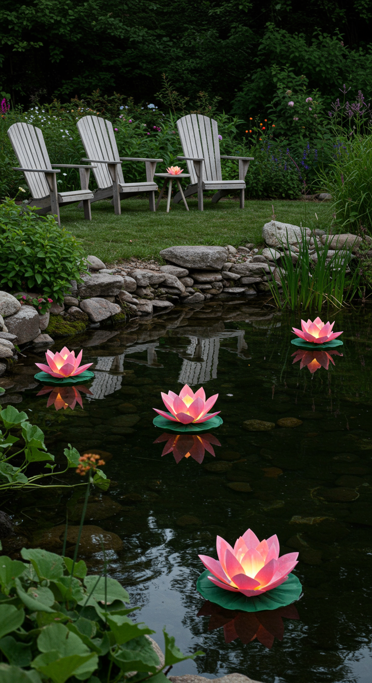 Gartenteich mit Adirondack-Stühlen am Ufer und leuchtenden pinken Lotusblüten auf dem Wasser.