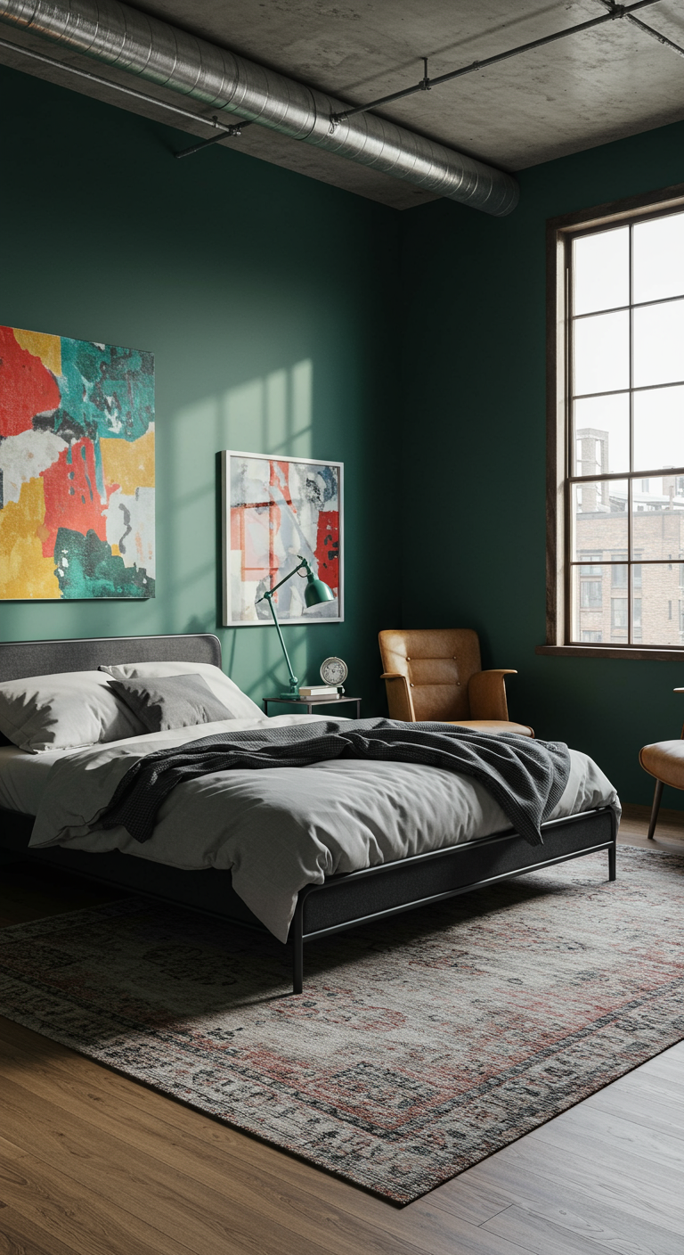 Dunkelgrünes Schlafzimmer im Industrial-Stil mit Fabrikfenster.
