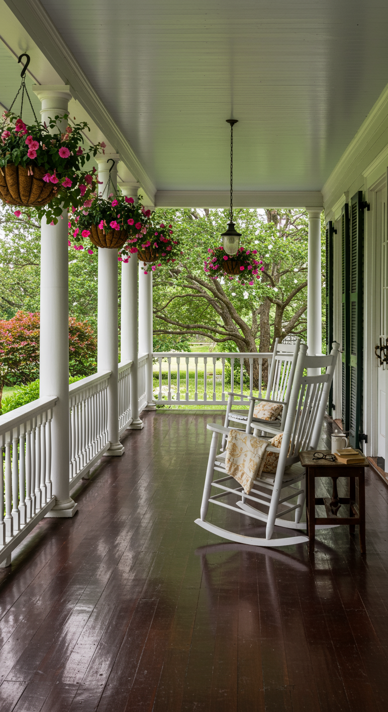 Weiße Veranda mit Schaukelstühlen, Kissen und hängenden Blumenampeln.