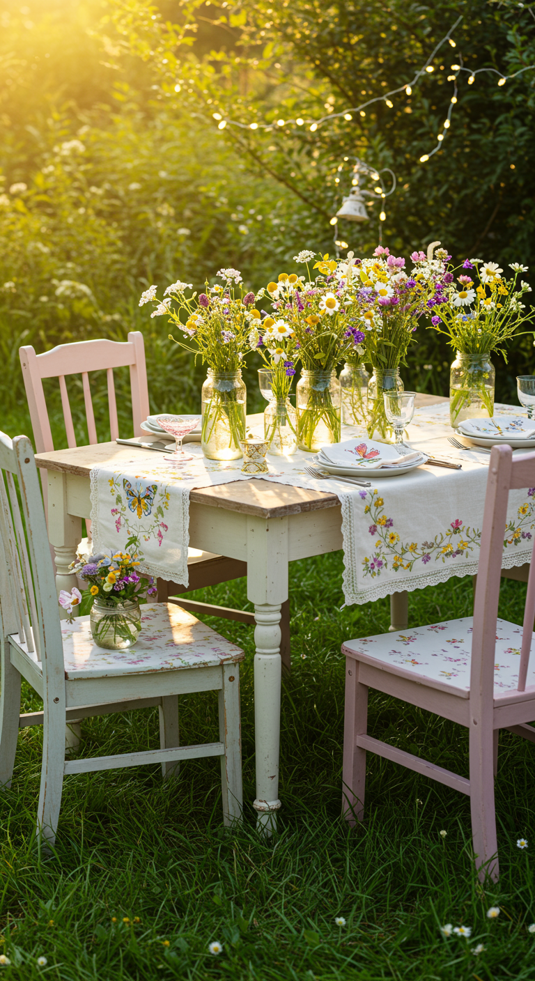 Vintage-Gartentisch mit Wiesenblumen in Einmachgläsern und pastellfarbenen Stühlen.