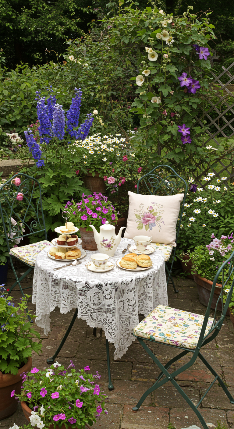 Kleiner Gartentisch mit Teeservice und Scones, umgeben von blühenden Pflanzen und Metallstühlen.