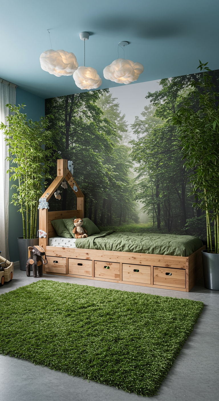 Kinderzimmer mit Hausbett, Wald-Fototapete und grünem Teppich.