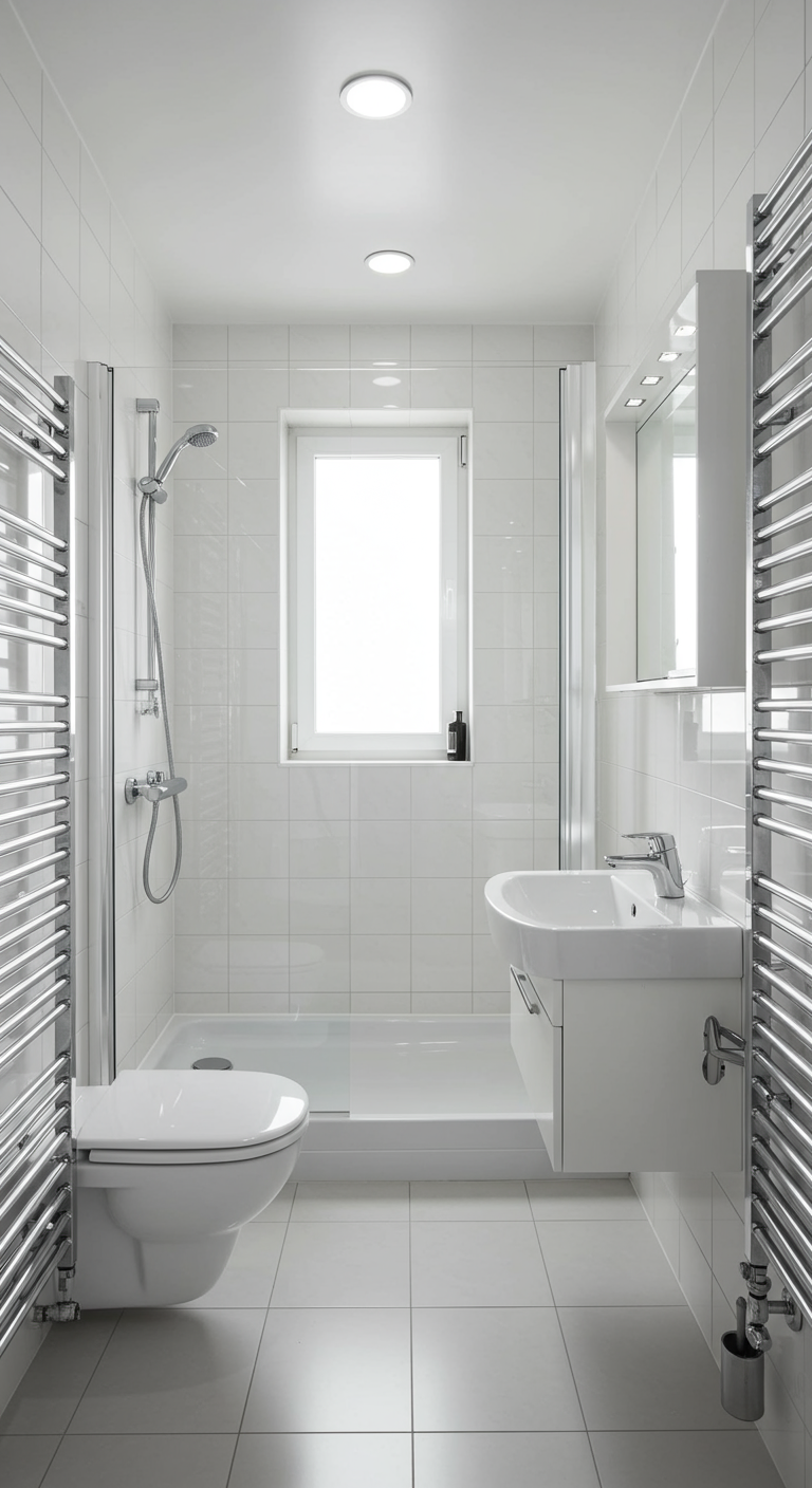 Schmales, weißes Badezimmer mit großem Fenster und Duschkabine.