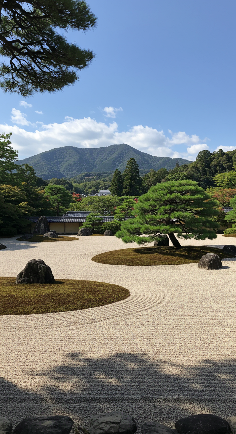 Großer Zen-Garten mit geharktem Kies, formgeschnittenen Bäumen und Bergblick im Hintergrund.
