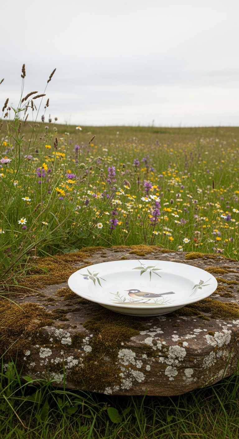 Weißer Teller mit Vogelmotiv als Vogelbad auf einem moosigen Stein in einer Blumenwiese.
