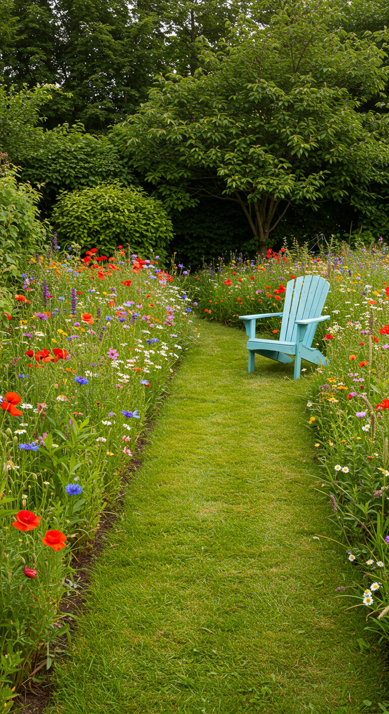 Gemähter Rasenweg durch eine bunte Wildblumenwiese mit hellblauem Holzstuhl.