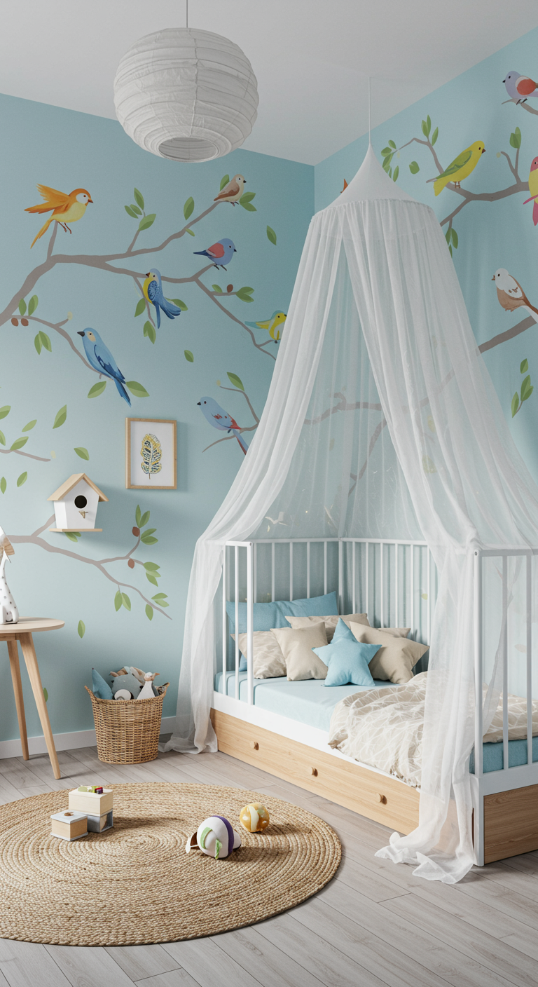 Kinderzimmer mit Vogel-Motiven und Bett mit Betthimmel.