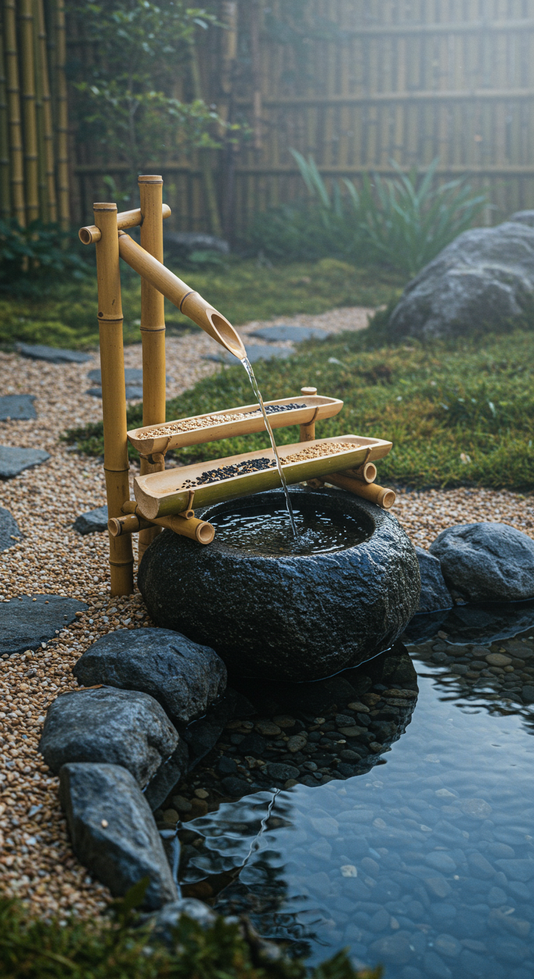 Japanischer Bambusbrunnen mit Wasserbecken und Vogelfutter im Zen-Garten.