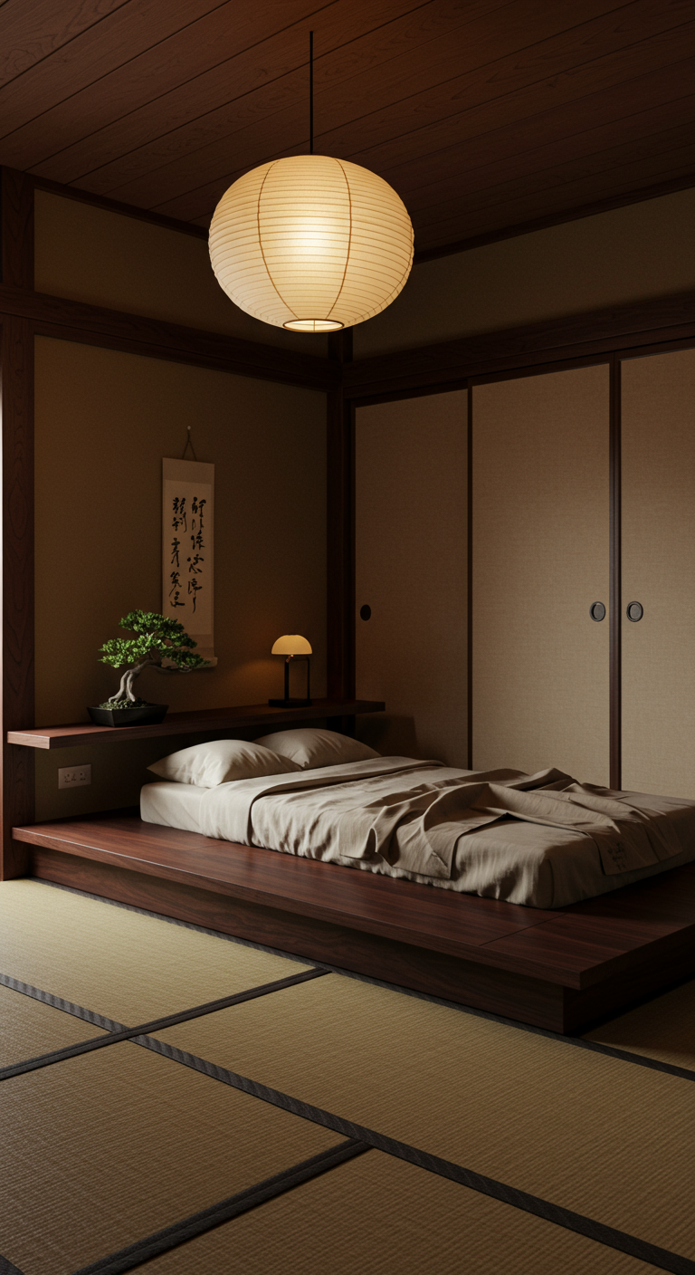 Schlafzimmer im japanischen Stil mit niedrigem Bett, Tatami und Papierlaterne.