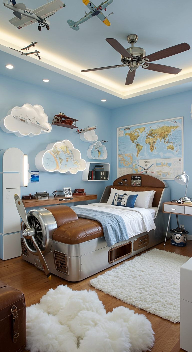 Kinderzimmer im Flieger-Stil mit Propeller-Bett und Weltkarte.