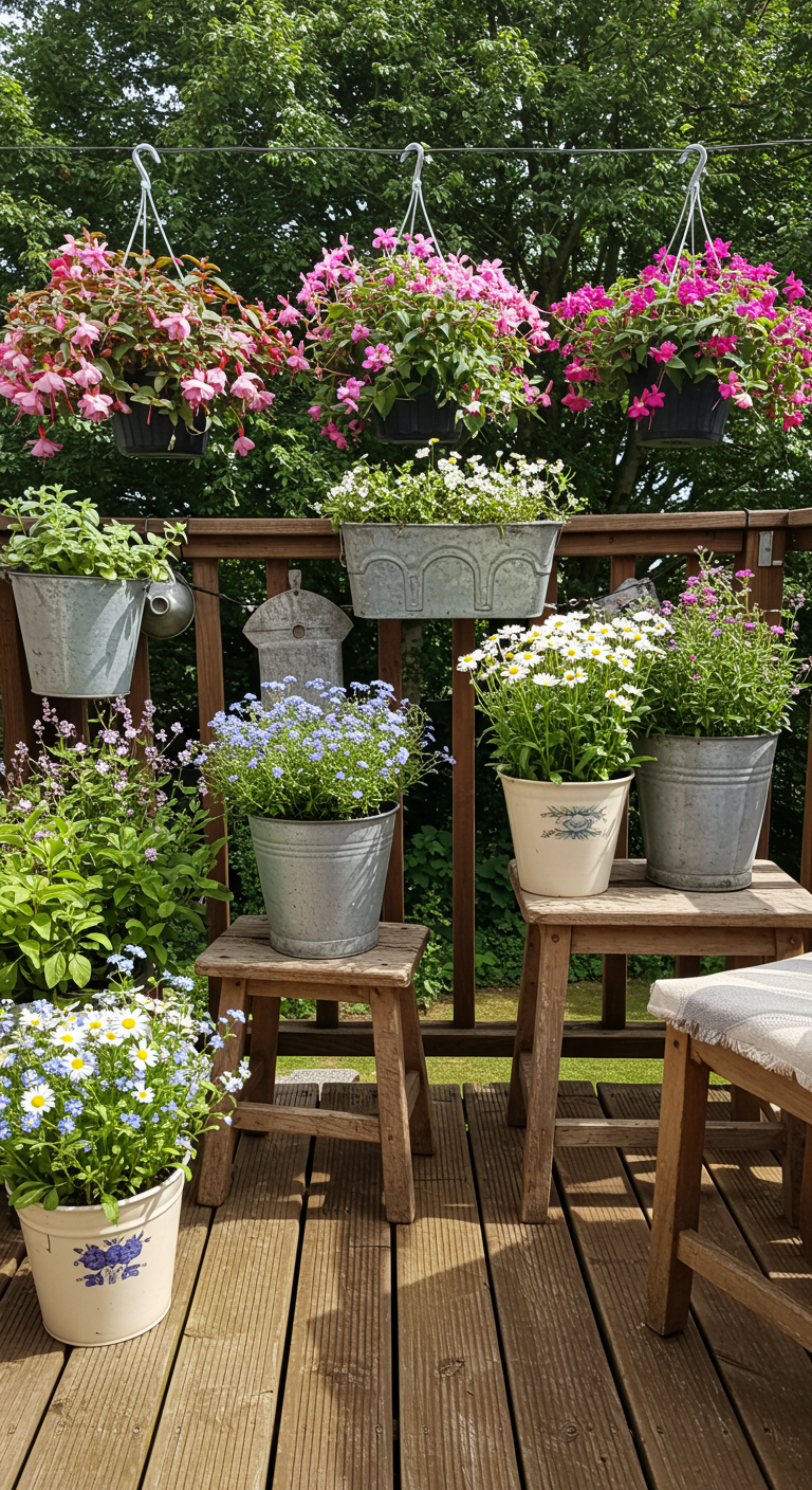 Ein Holzbalkon üppig dekoriert mit Blumen in Hängetöpfen, Zinkeimern und auf Hockern.