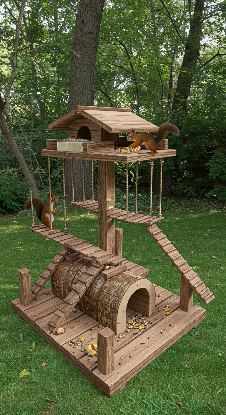 Abenteuer-Spielplatz für Eichhörnchen mit Futter