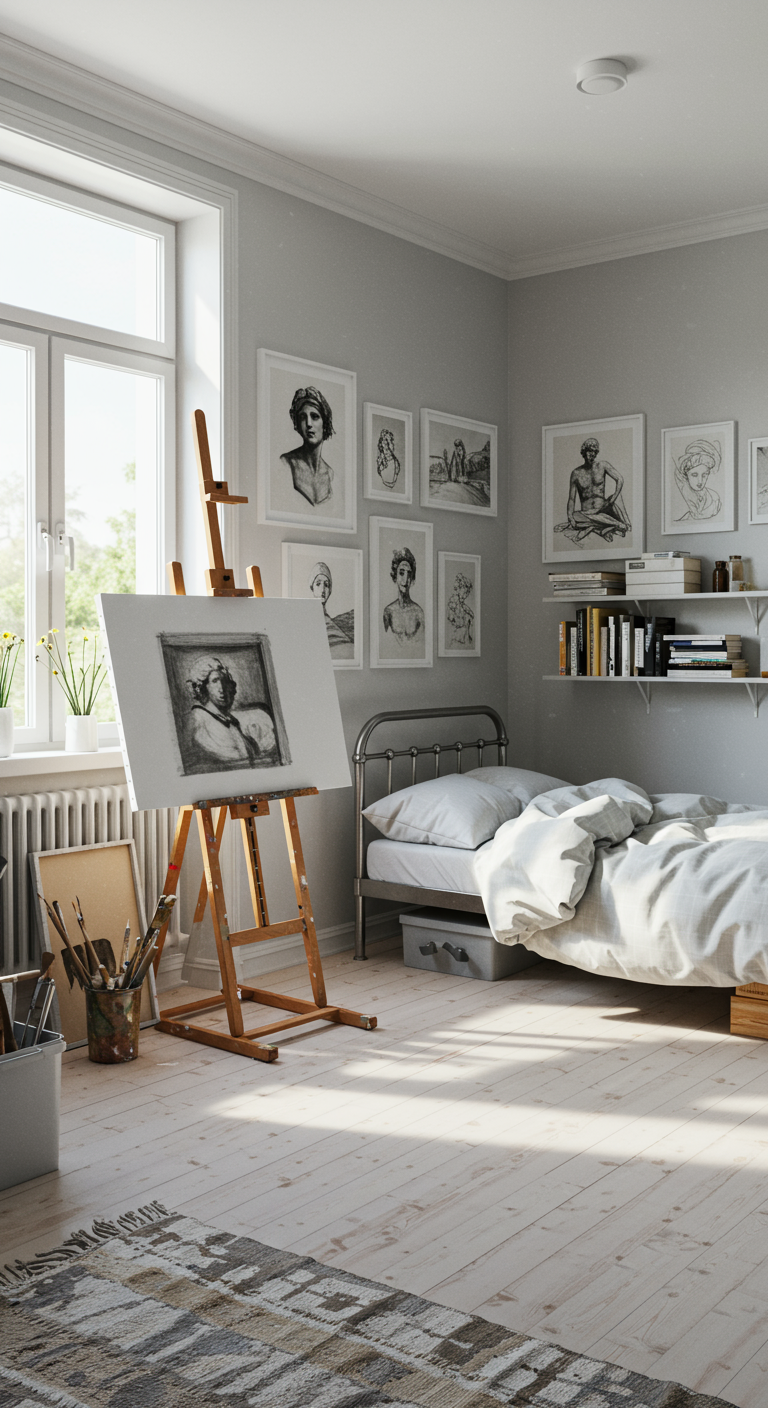 Helles Schlafzimmer im Künstler-Stil mit Staffelei, Skizzen an der Wand und Metallbett.