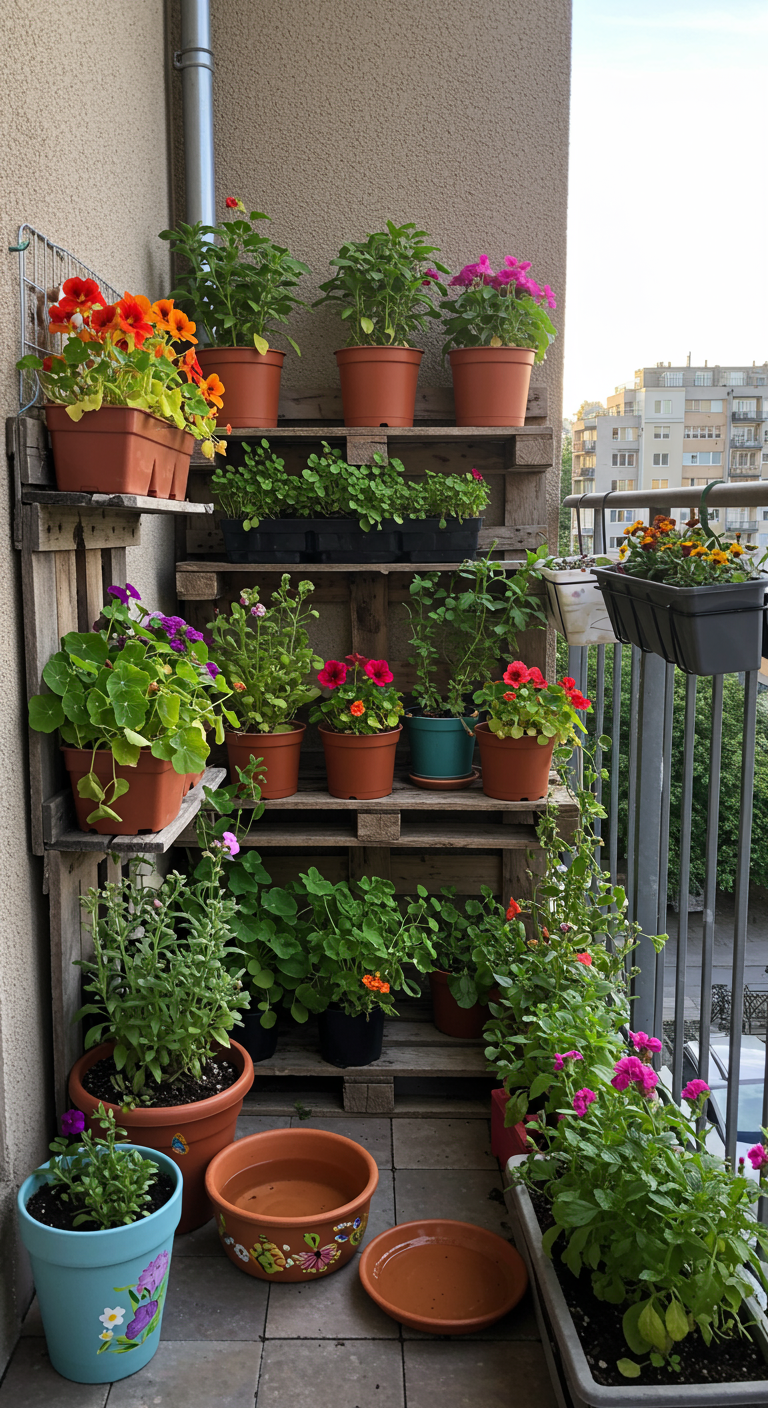 Vertikaler Garten aus Holzpaletten mit vielen Töpfen auf einem Balkon