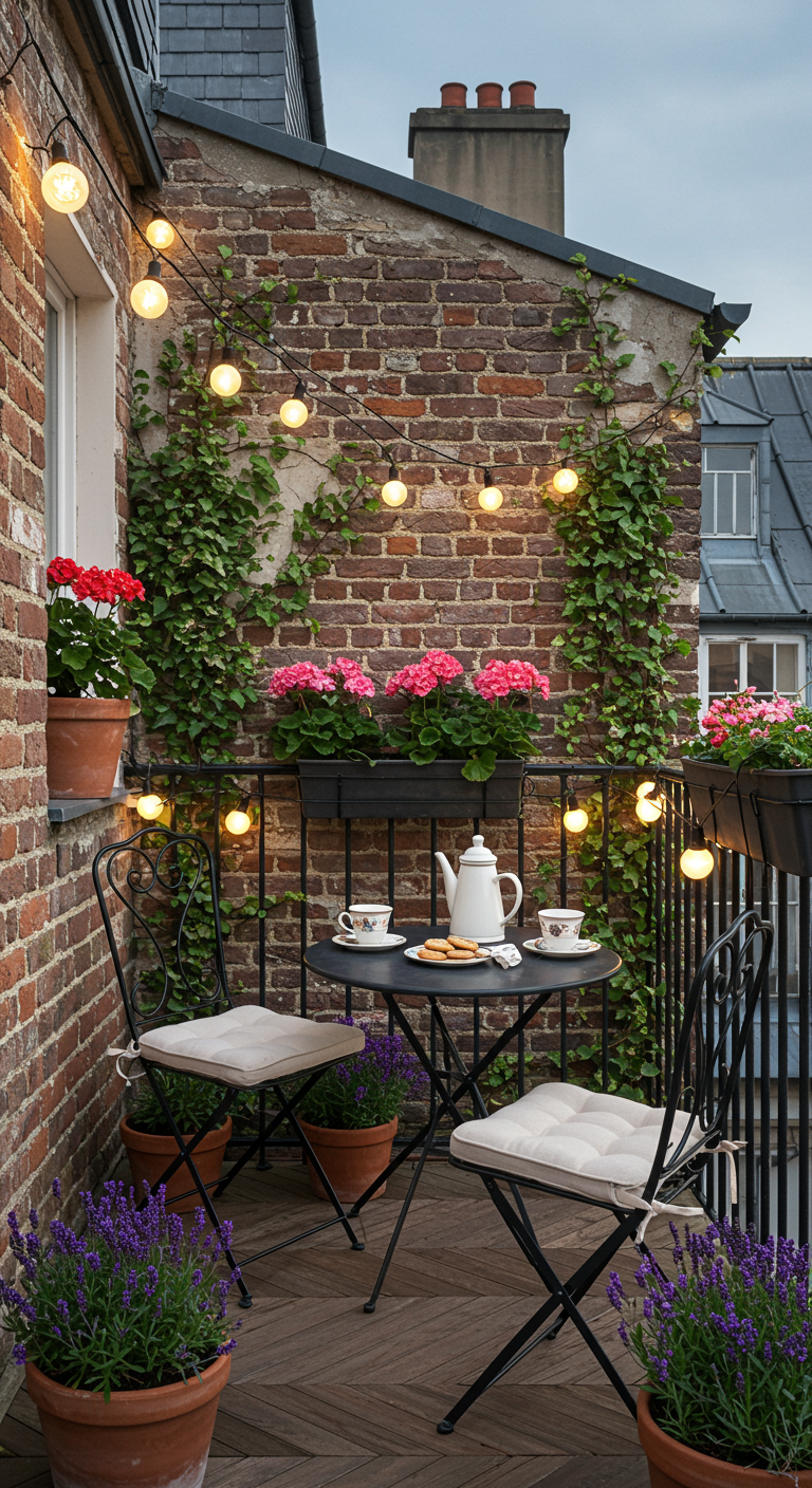 Gemütlicher Light Academia Balkon mit Bistro-Set, Lichterketten und Pflanzen.