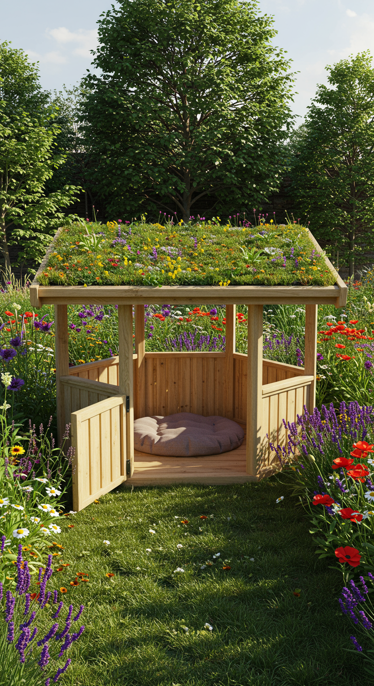 Offene Holzhütte mit blühendem Grasdach in einer bunten Blumenwiese.