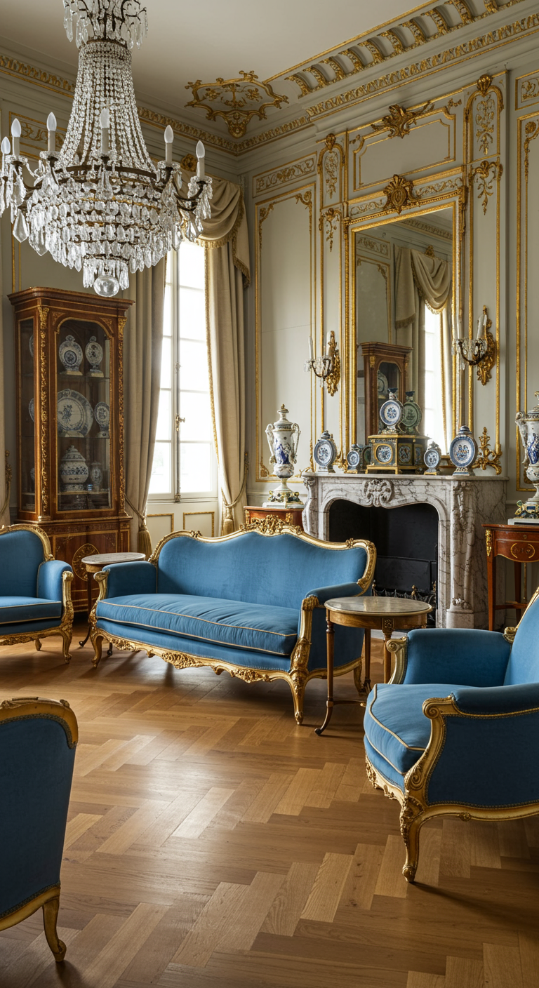Eleganter Salon mit blauen Samtmöbeln, Goldverzierungen und Kristallleuchter.