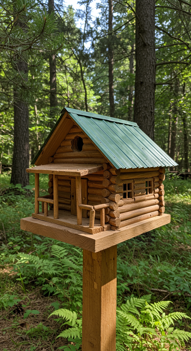 Blockhaus-Vogelhaus aus Holz mit grünem Dach und Veranda, steht in einem Wald.
