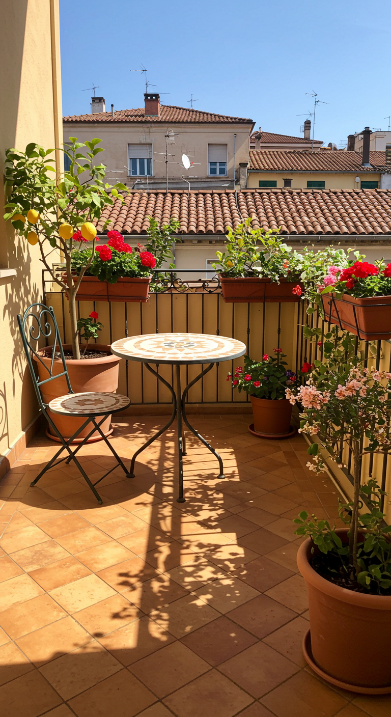 Kleiner Stadtbalkon mit Bistrotisch, Zitronenbaum und Geranien in Terrakotta-Töpfen.