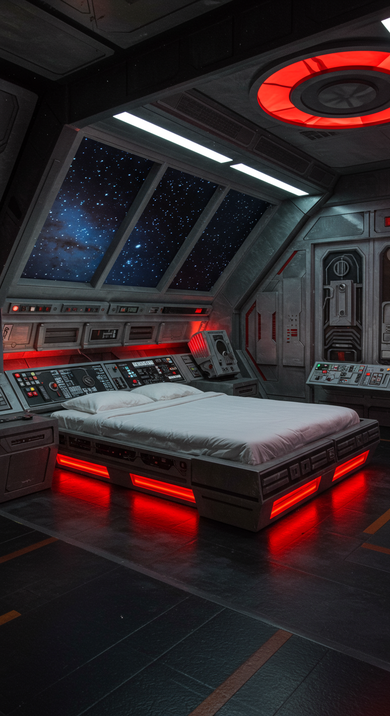 Bett im Stil eines Raumschiff-Cockpits mit roter Beleuchtung und Sternenblick.