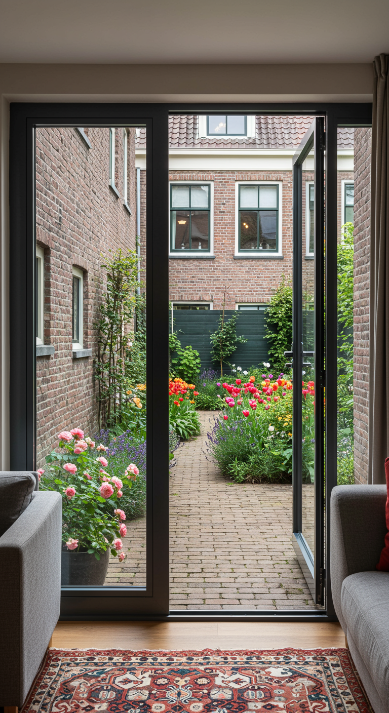 Blick aus dem Wohnzimmer in einen blühenden Innenhof mit Backsteinweg und Tulpen.