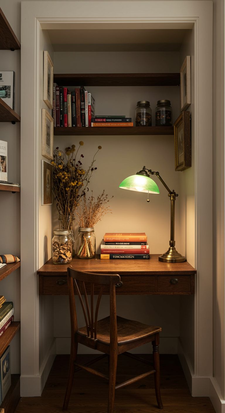 Kleiner Schreibtisch in einer Nische mit Lampe, Stuhl, Büchern und Trockenblumen.