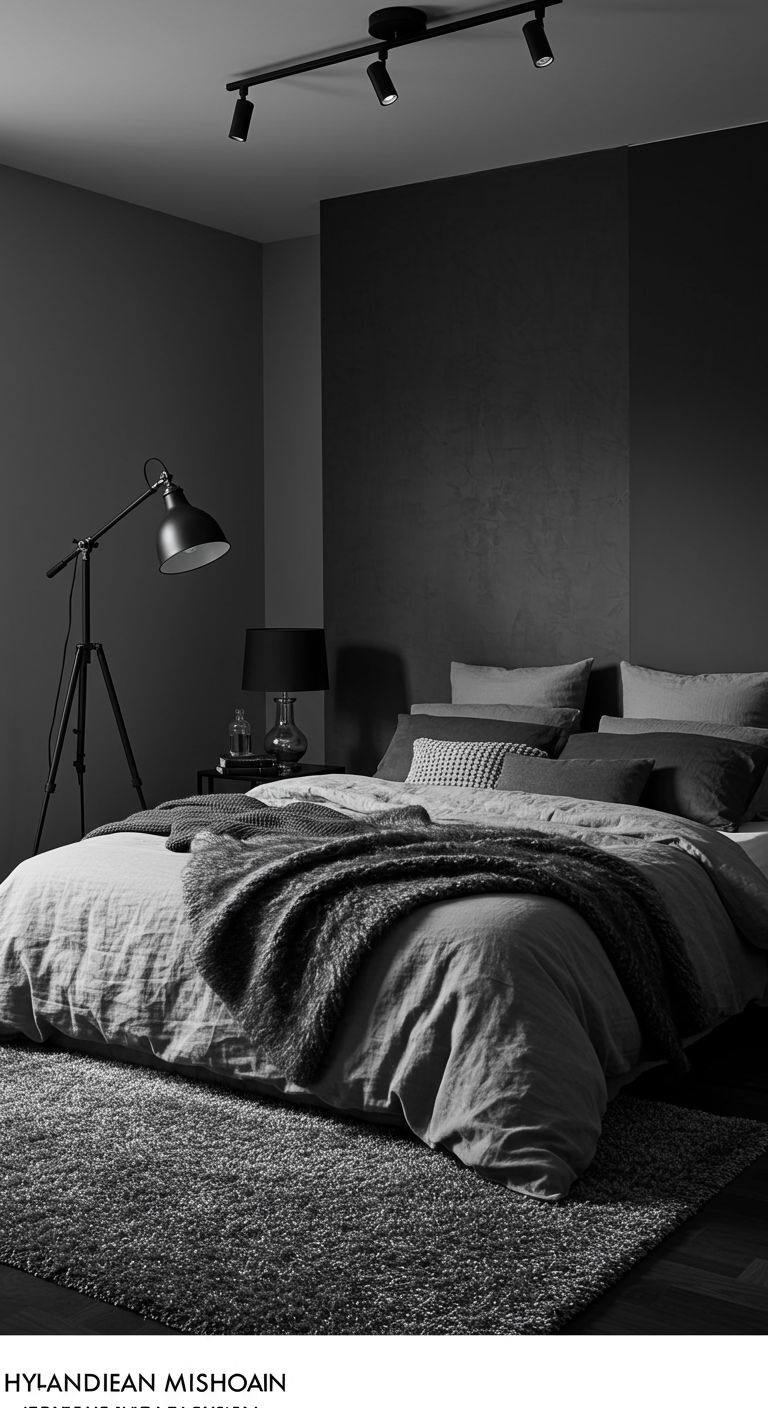 Dunkelgraues skandinavisches Schlafzimmer mit Akzentbeleuchtung.