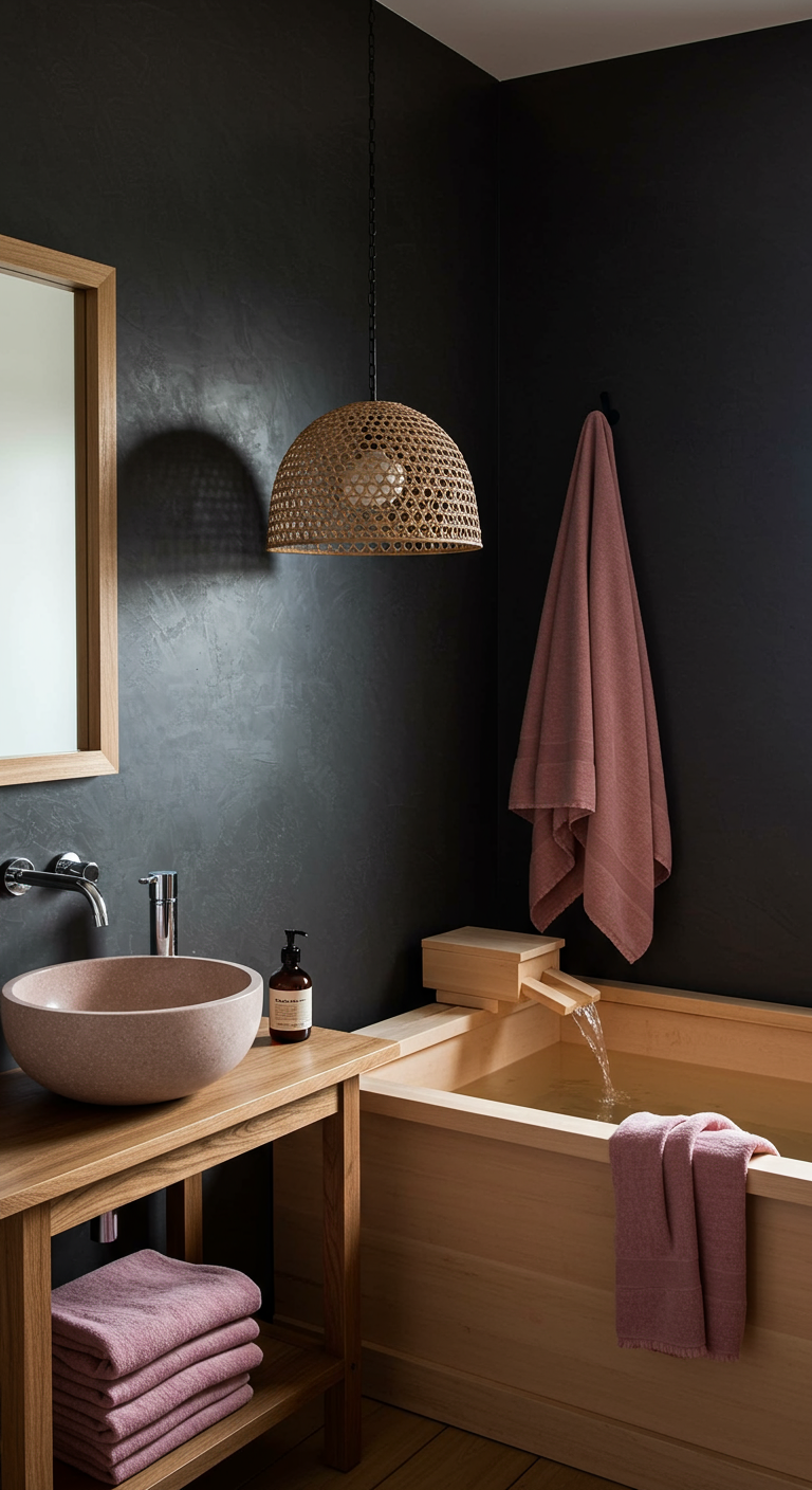Dunkles Japandi-Bad mit schwarzer Wand, Holzbadewanne und rosa Akzenten.