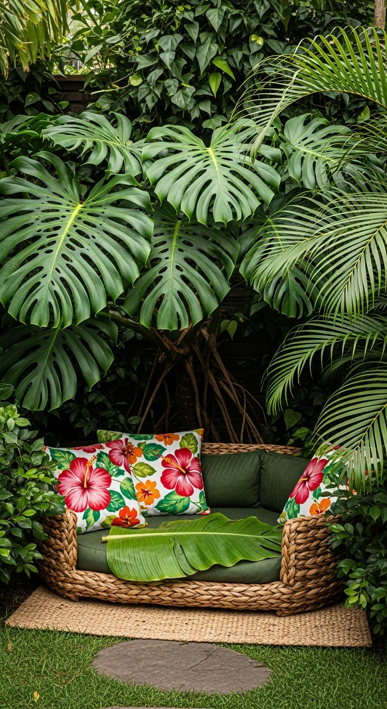 Geflochtenes Outdoor-Sofa mit bunten Hibiskus-Kissen, umgeben von großen tropischen Pflanzen.