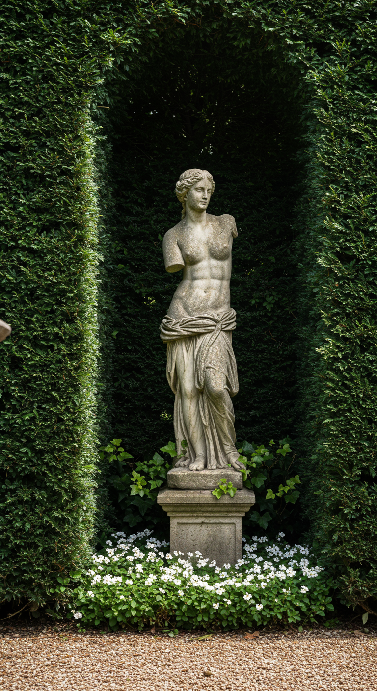Klassische Statue in einer Nische aus hohen, grünen Hecken.