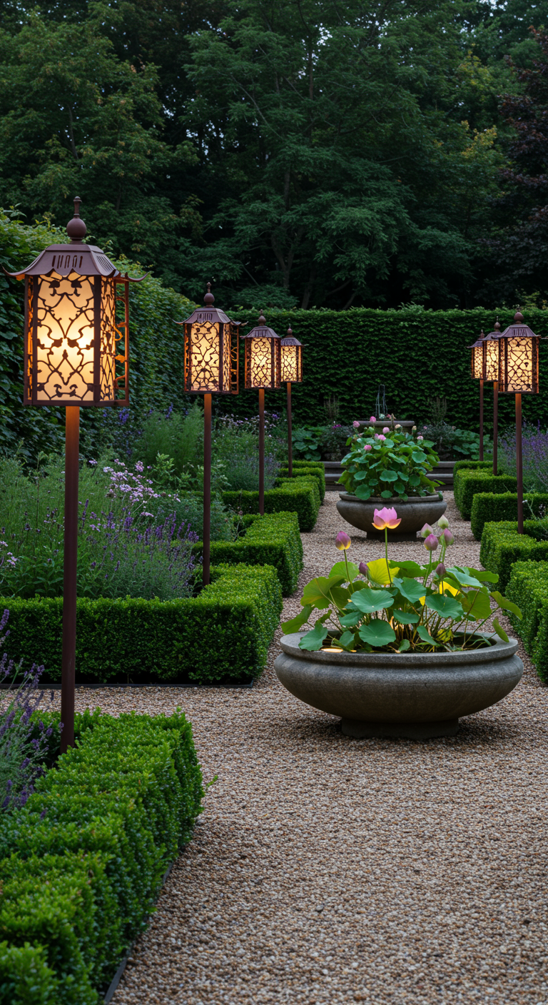 Formeller Garten mit Kieswegen, Buchsbaumhecken, hohen Laternen und Lotusblumen in Steinschalen.