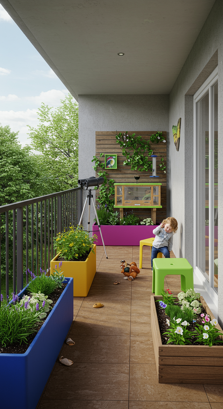 Kinderfreundlicher Balkon mit bunten Hochbeeten, Schmetterlingshaus und Fernrohr.