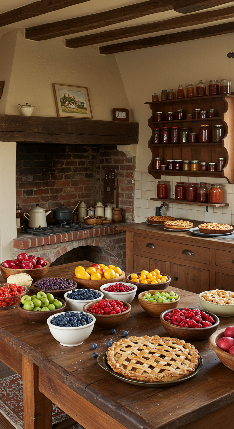 Landhausküche mit Holztisch voller Obst und Kuchen, Backsteinherd.