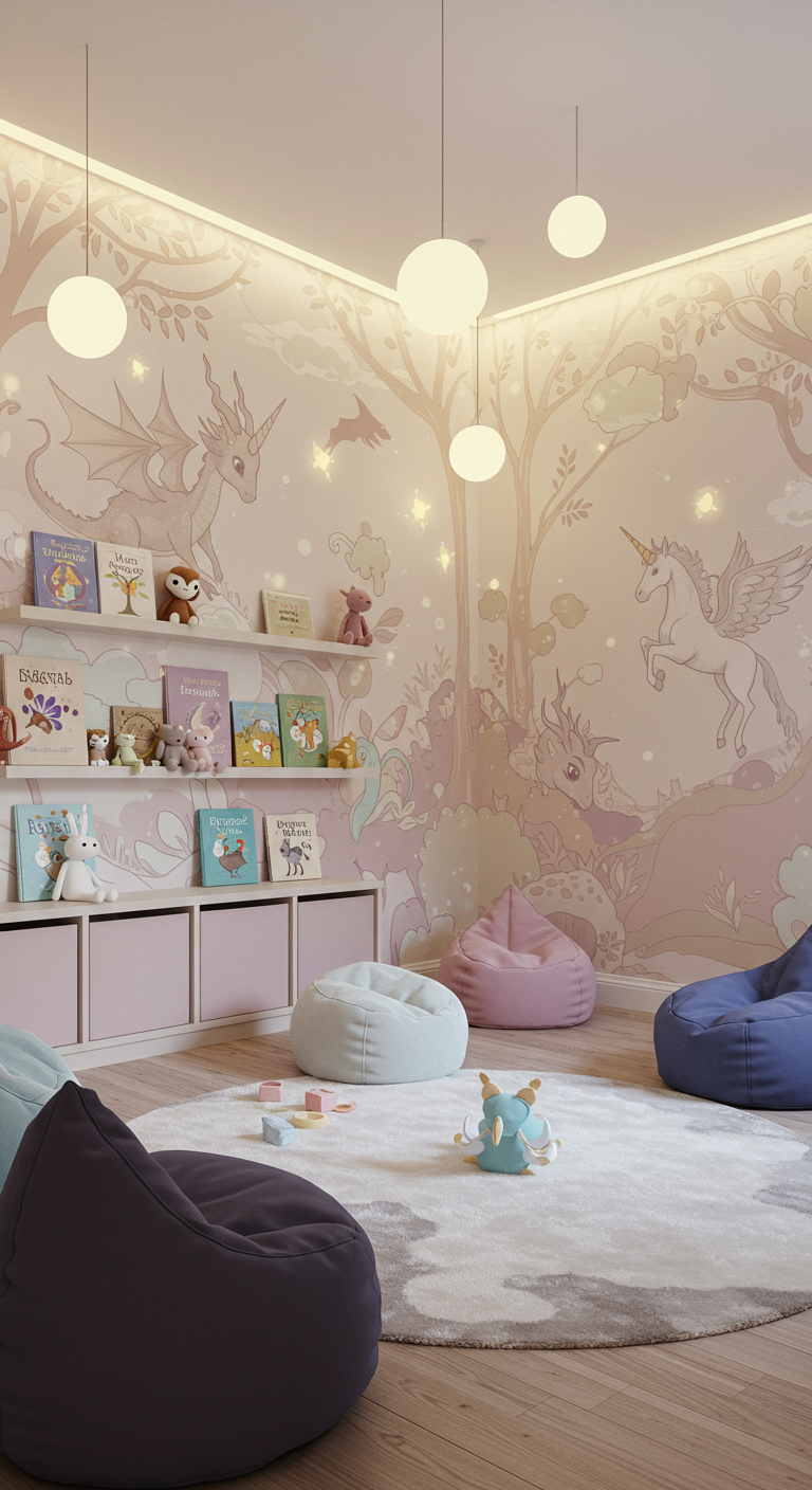 Spielzimmer mit Fantasie-Wandmalerei, Einhörnern und Sitzsäcken.