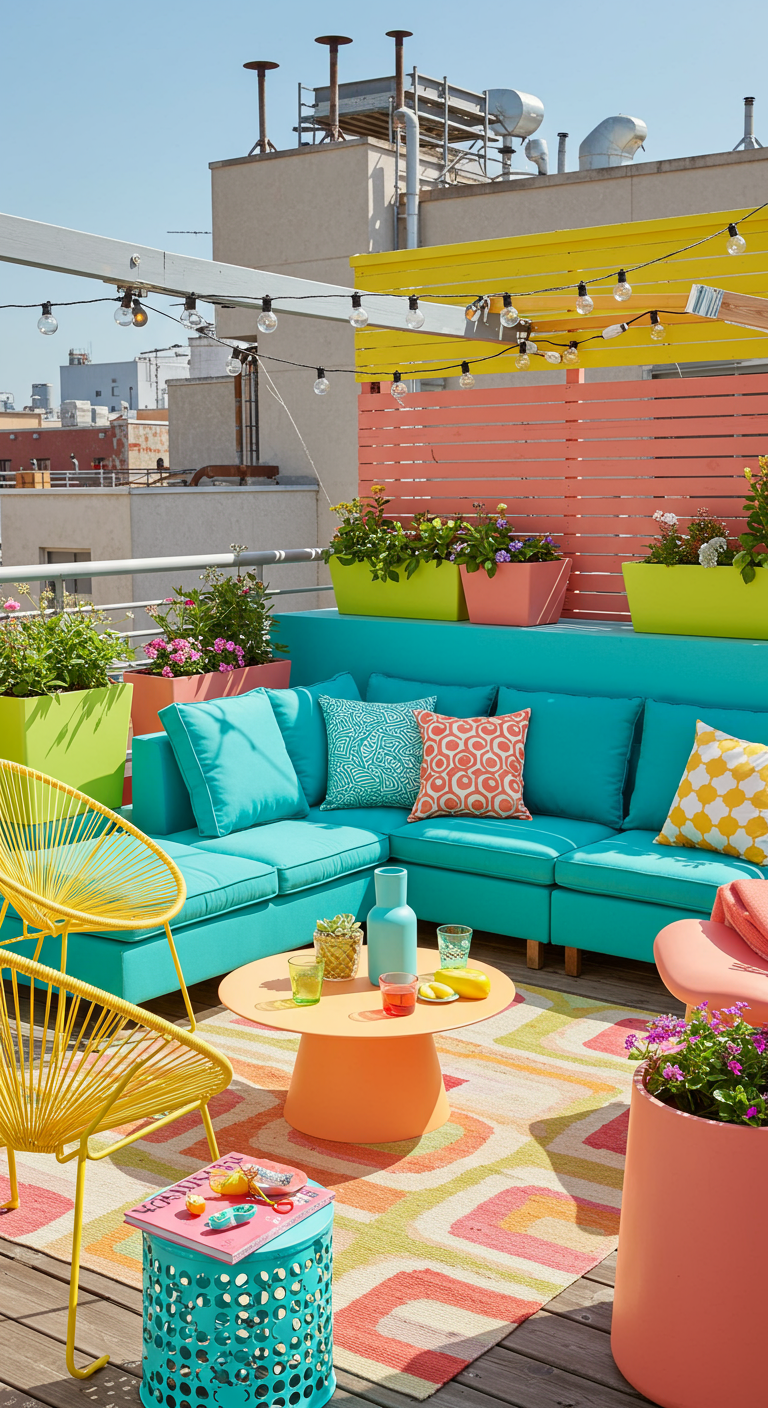 Knallbuntes türkisfarbenes Ecksofa mit farbenfrohen Kissen und Möbeln auf Dachterrasse.