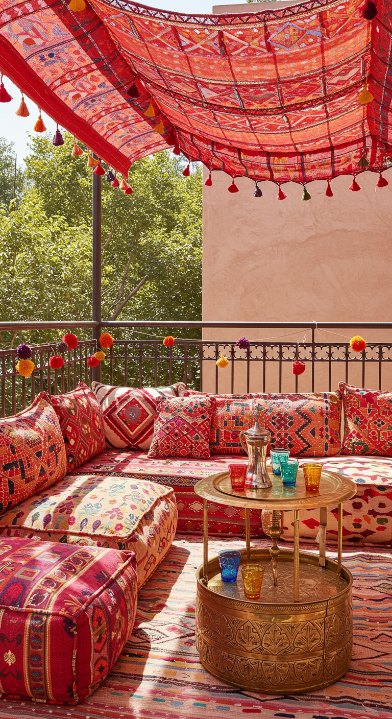 Bunter marokkanischer Balkon mit Stoffdach und vielen Kissen.