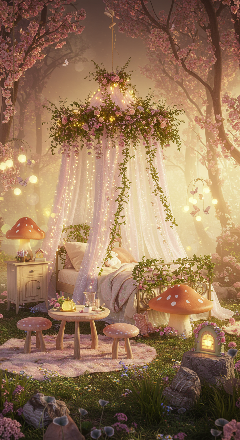 Märchenhaftes Kinderzimmer mit Blumenbaldachin, Pilzhockern und Lichterketten.
