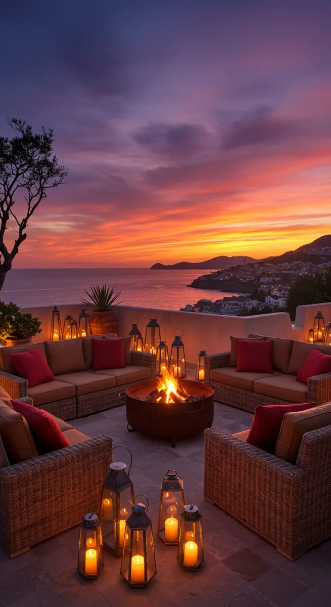 Terrasse mit Korbmöbeln, Feuerschale und vielen Laternen bei dramatischem Sonnenuntergang.
