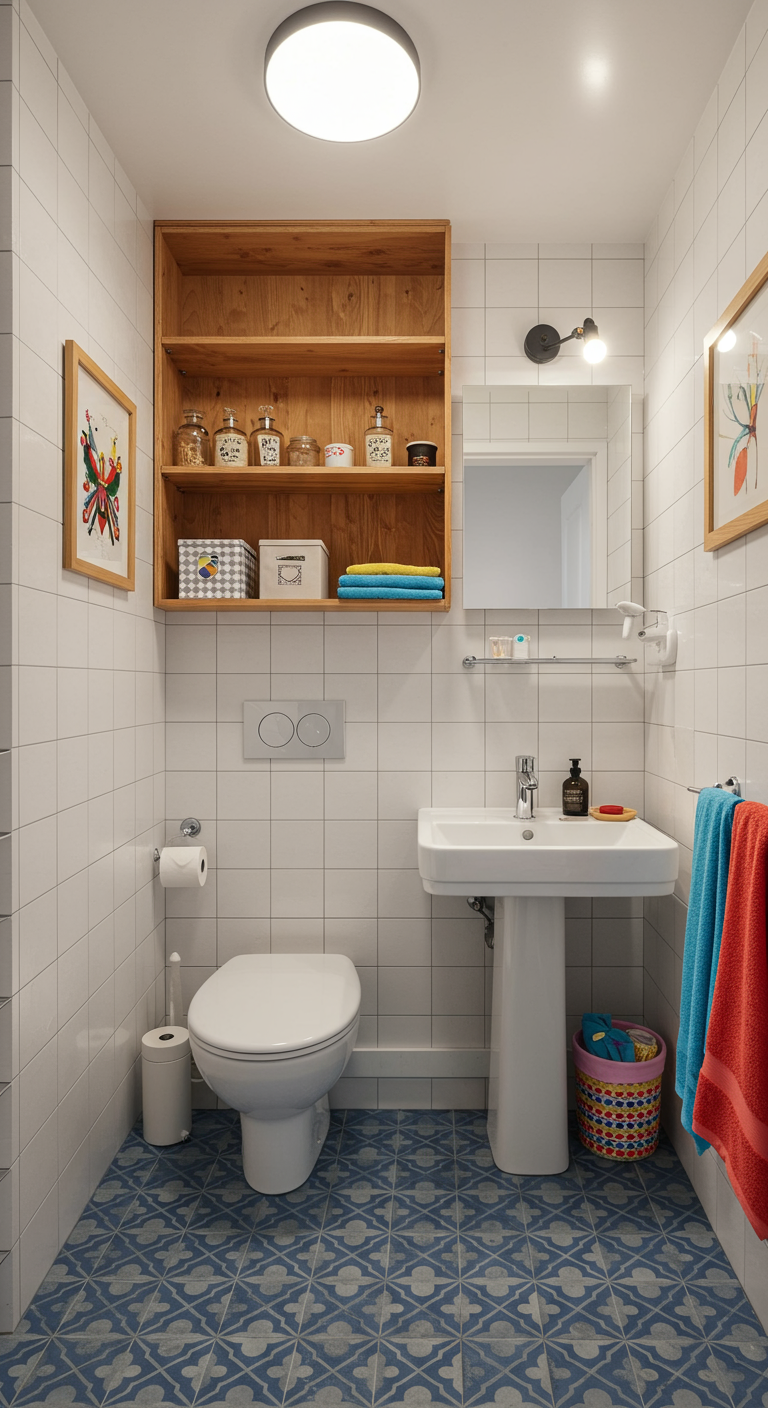 Kleines Bad mit bunten Bodenfliesen, Holzregal und farbigen Handtüchern.
