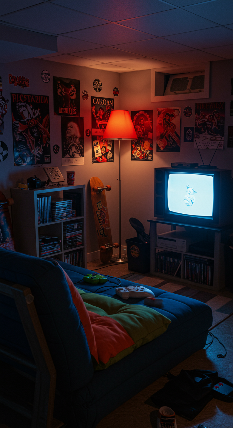 Dunkler Raum mit Röhrenfernseher, Spielekonsole, Postern und einem Skateboard.