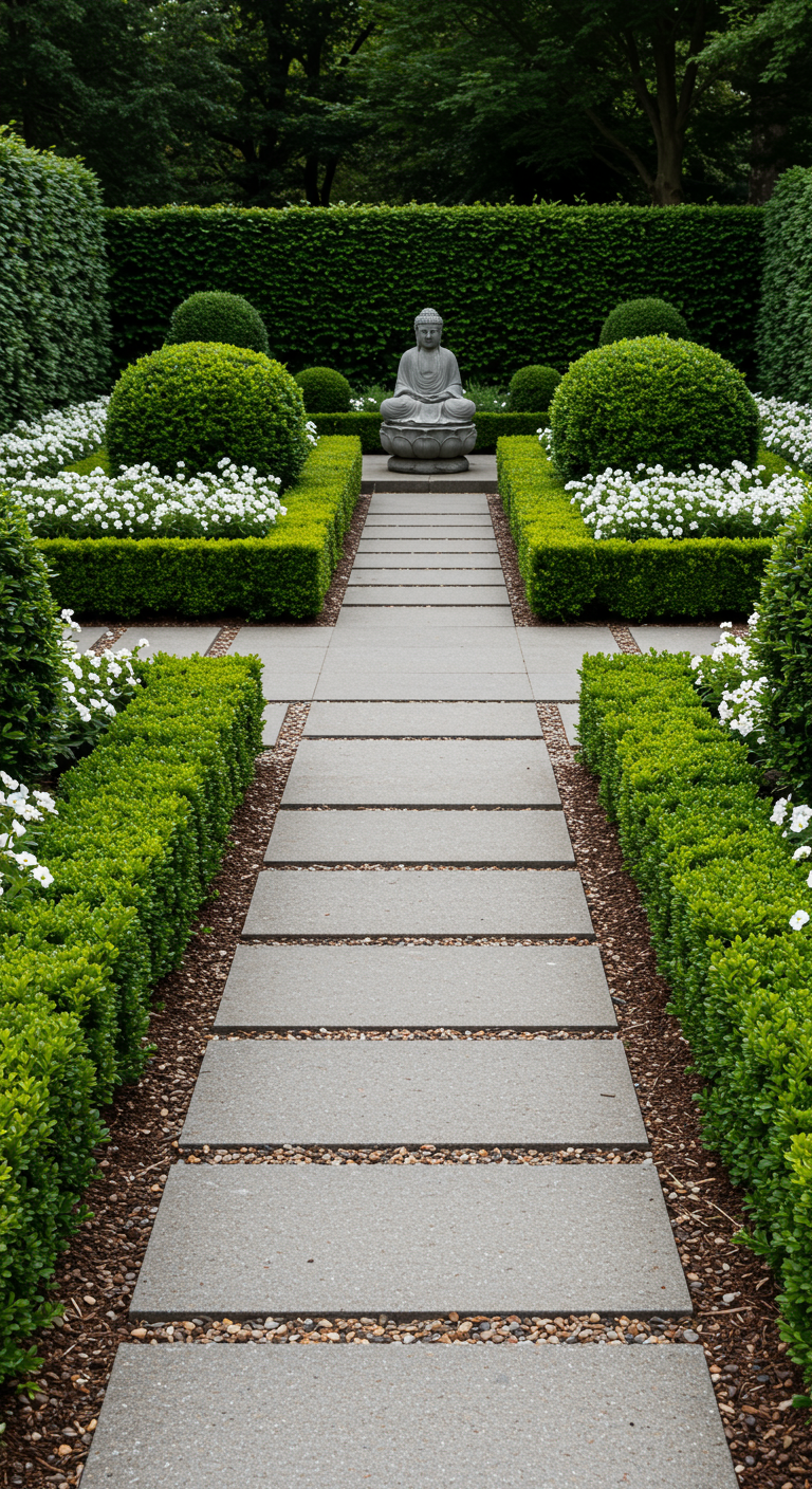 Ein gerader Gartenweg, gesäumt von symmetrischen Buchsbaumhecken, führt zu einer Buddha-Statue.