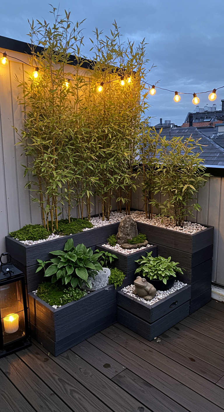 Gestapelte dunkle Pflanzkästen auf einem Holzbalkon mit Bambus, Hostas und Deko.