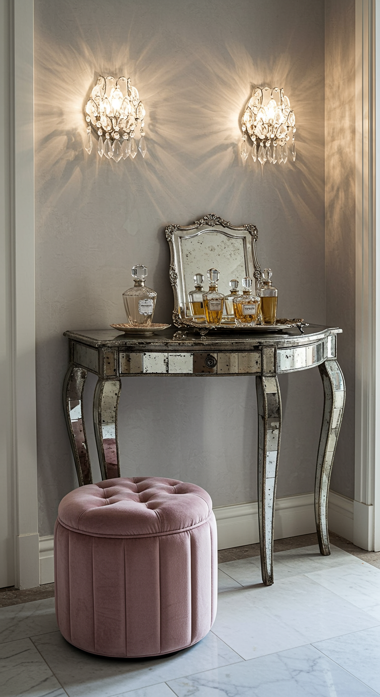 Nische mit verspiegelter Konsole, rosa Samtpouf und Kristall-Wandleuchtern.