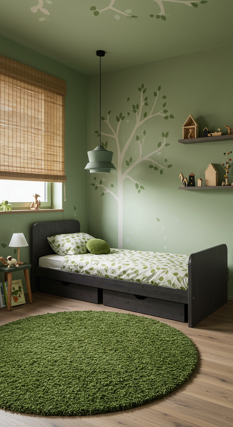 Kinderzimmer in Grüntönen mit Baum-Wandbild, dunklem Holzbett mit Schubladen und rundem grünen Teppich.
