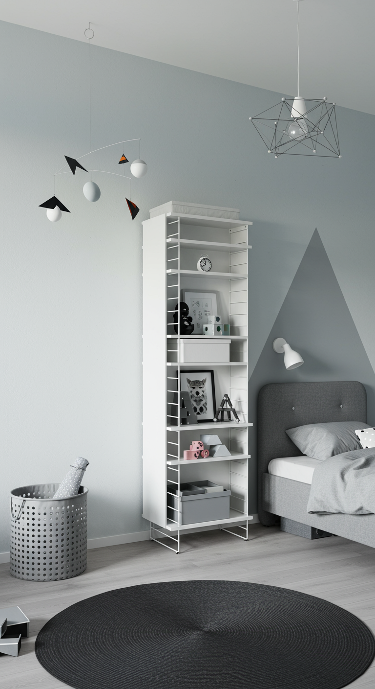 Modernes Kinderzimmer mit grafischem Wanddetail und modularem Regal.