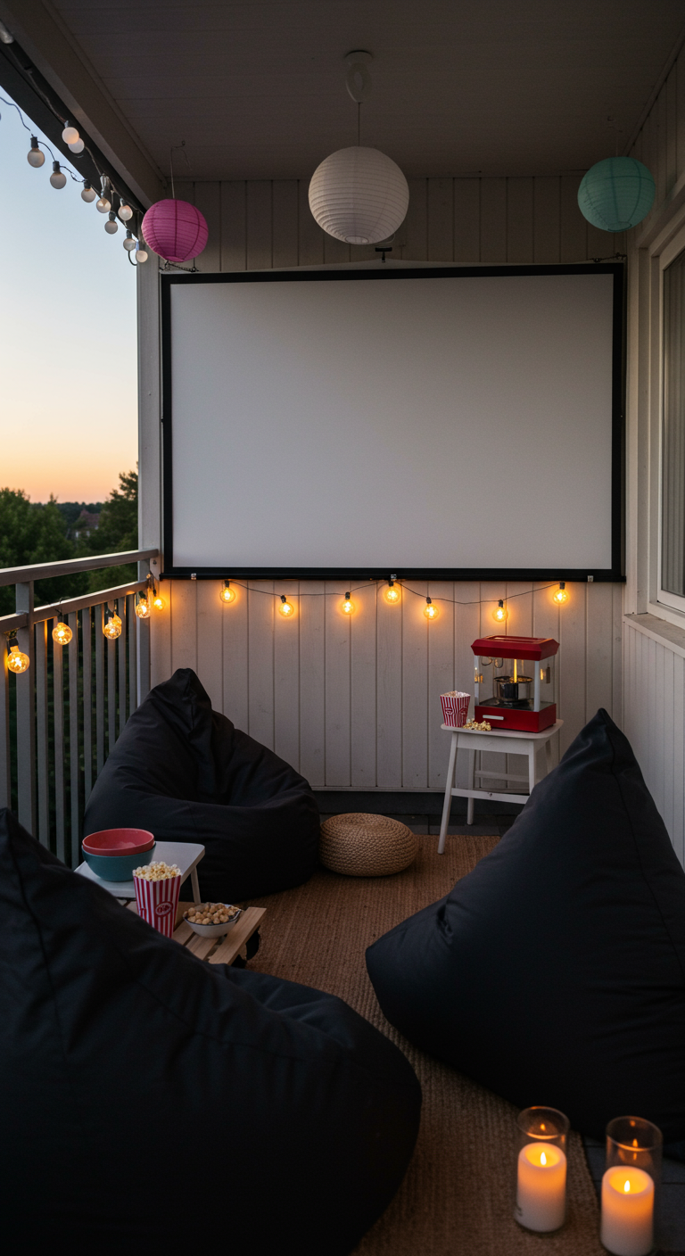 Balkon als Open-Air-Kino mit Leinwand, Sitzsäcken und Popcorn bei Dämmerung.