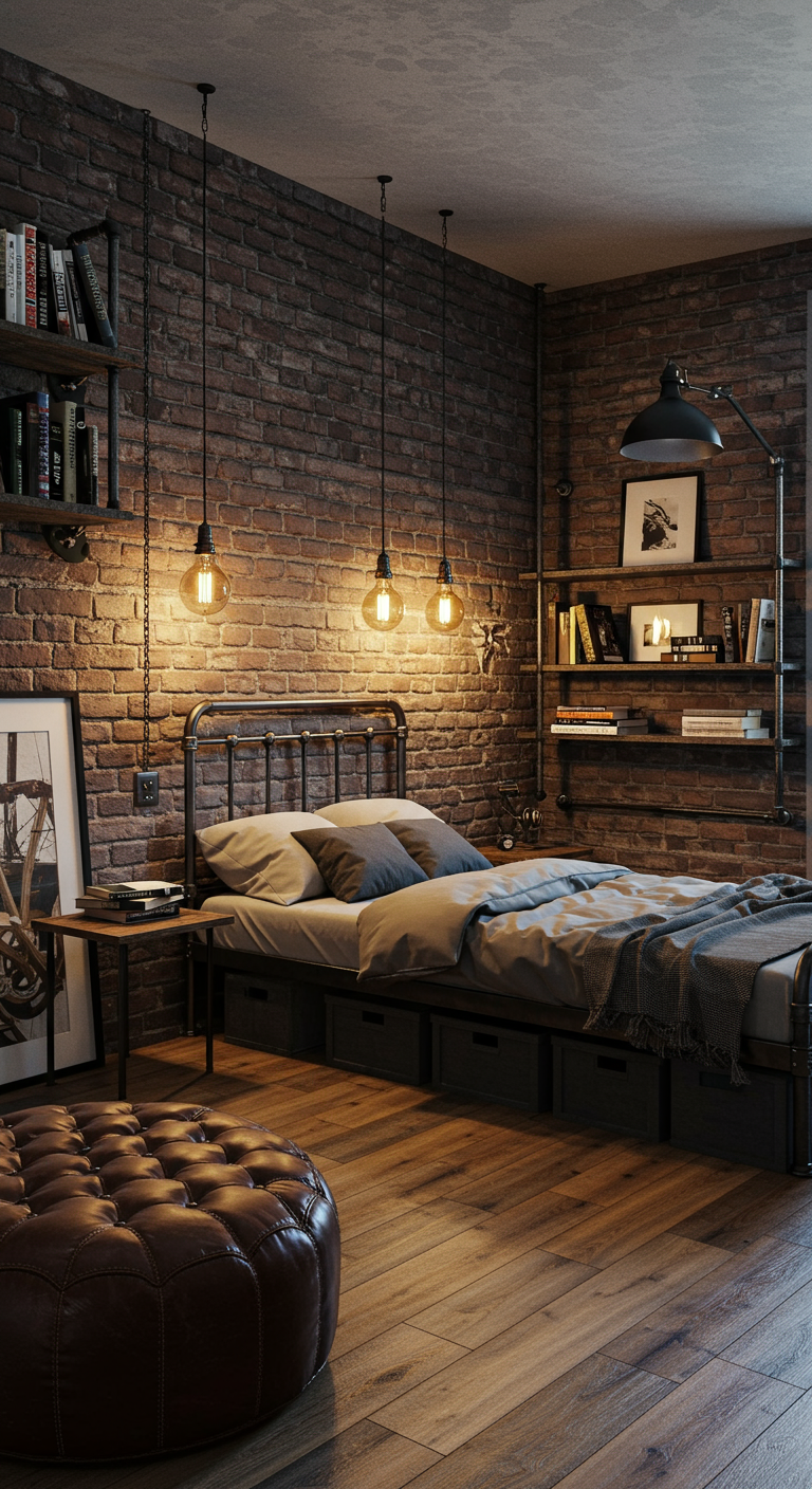 Schlafzimmer im Industrial-Stil mit Backsteinwand und Metallbett.