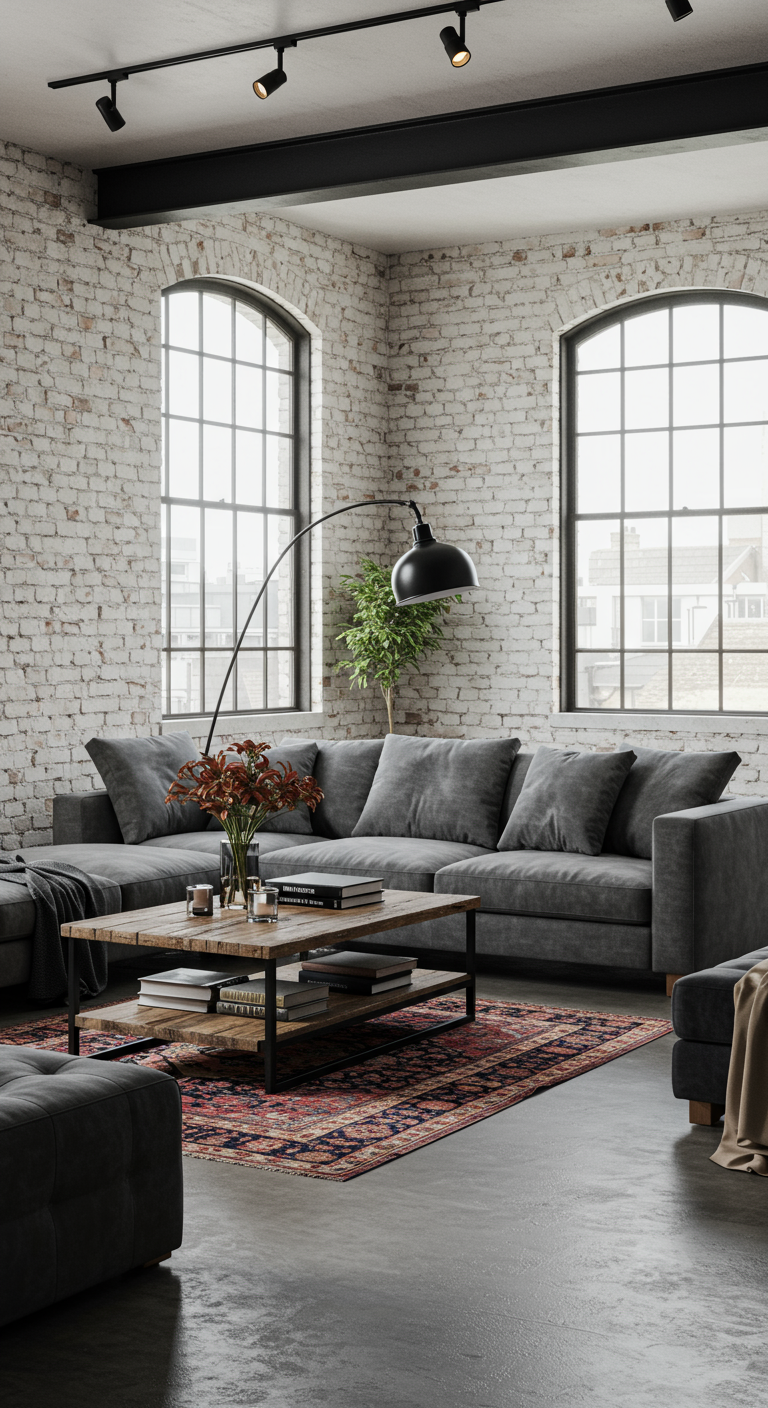 Industrial-Loft-Wohnzimmer mit Backsteinwand, Betonboden und großem grauen Sofa.