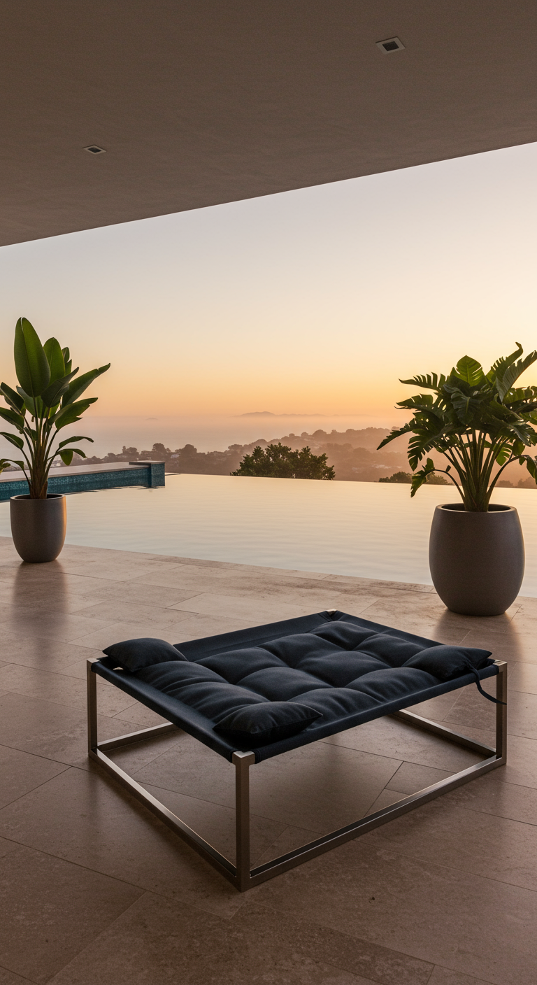 Elegantes, tiefblaues Outdoor-Bett mit Metallgestell auf einer Terrasse mit Infinity-Pool und Aussicht.